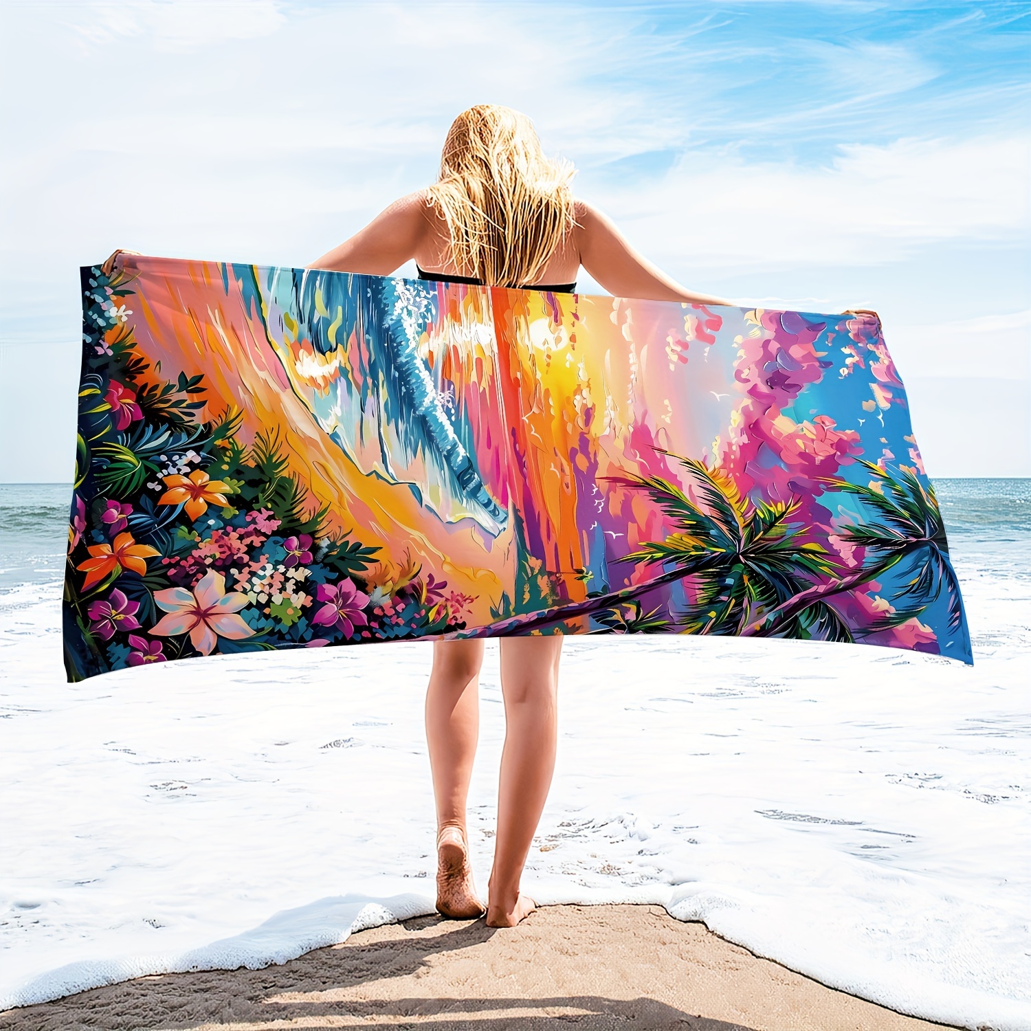 

1pc Coastal Oil Painting Microfiber Extra Large Beach Towel, Coconut Palm Beach Sunset Flower Durable Quick-drying Sunscreen Washable Absorbent Bath Towel