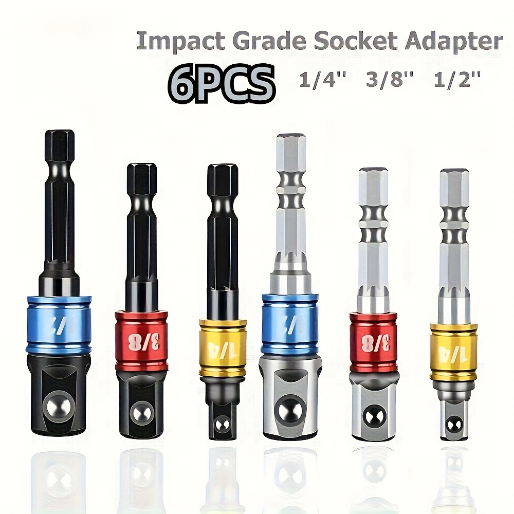 Image of Set Of 6 Impact-grade Socket Wrench Adapters In Sizes 1/4", 3/8", And 1/2" - Featuring Hex Shank And Square Head, Suitable For Extension Drill Bits And Bar Power Tools - In Colors