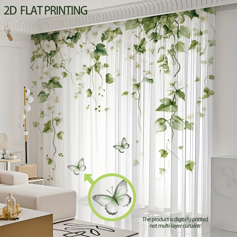 2 Stück Elegante Blumen- und Schmetterlingsdruck *-Vorhänge, Niedliche Sheer-Lichtschutzvorhänge mit Tulleblättern *-Gardinen für Wohnzimmer, Schlafzimmer oder Balkon
