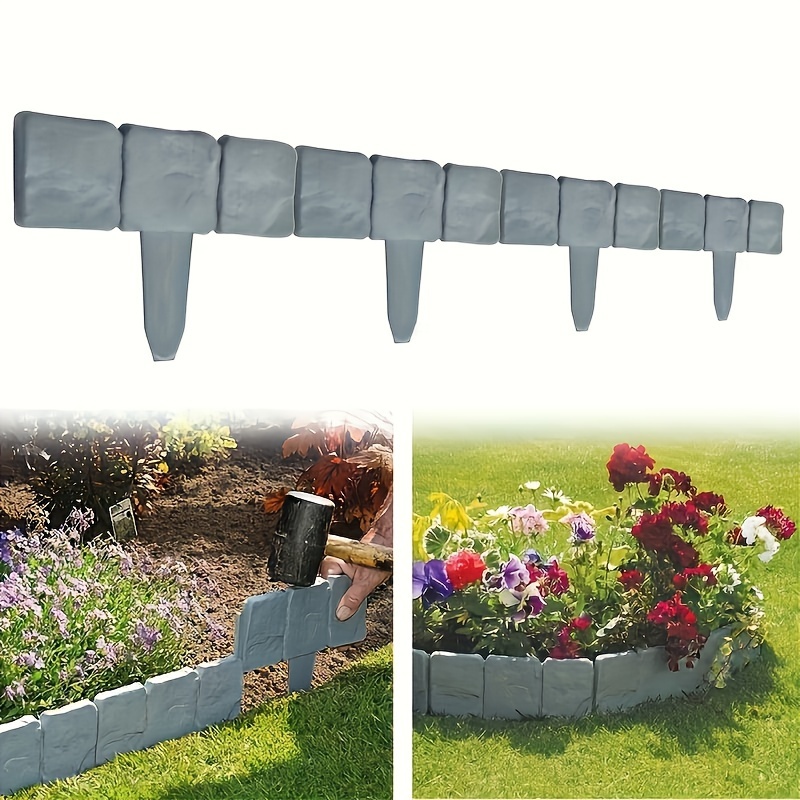 

20pcs Decorative Plastic Garden Fence, Gray Stone Effect Lawn Edging, Flower Bed Border Landscaping, Patio Garden Decoration Fencing