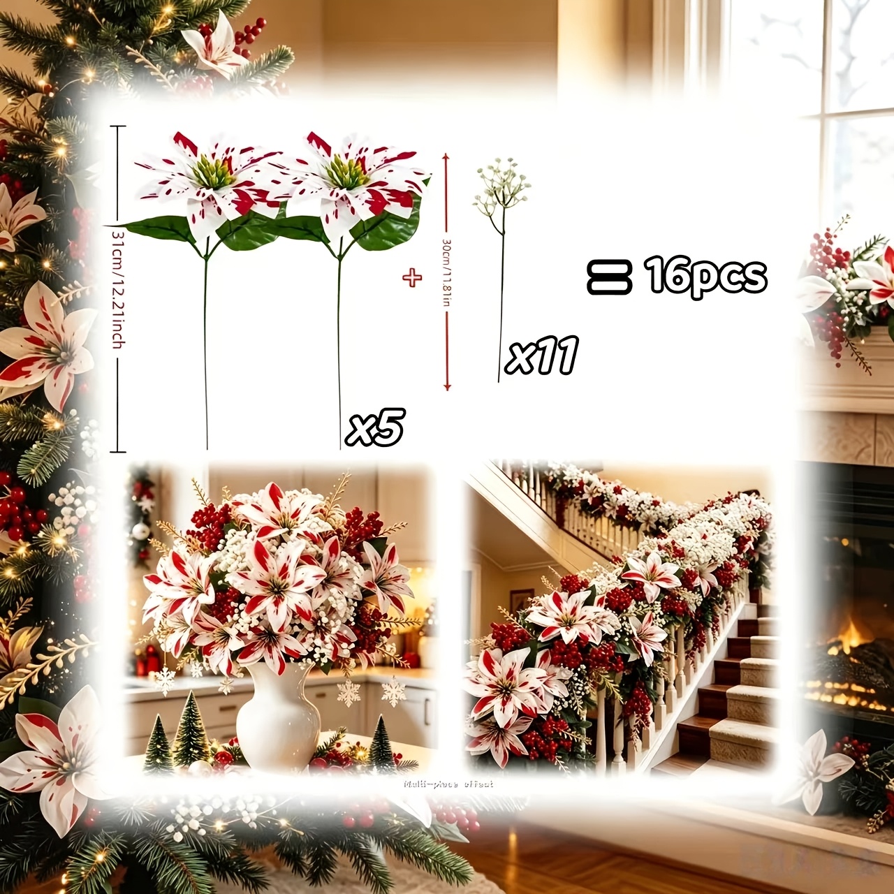 TEMU artificielles de 16 tiges de poinsettia de Noël rouge et blanc avec gypsophile, ensemble d'arrangements floraux de fêtes ! Convient pour