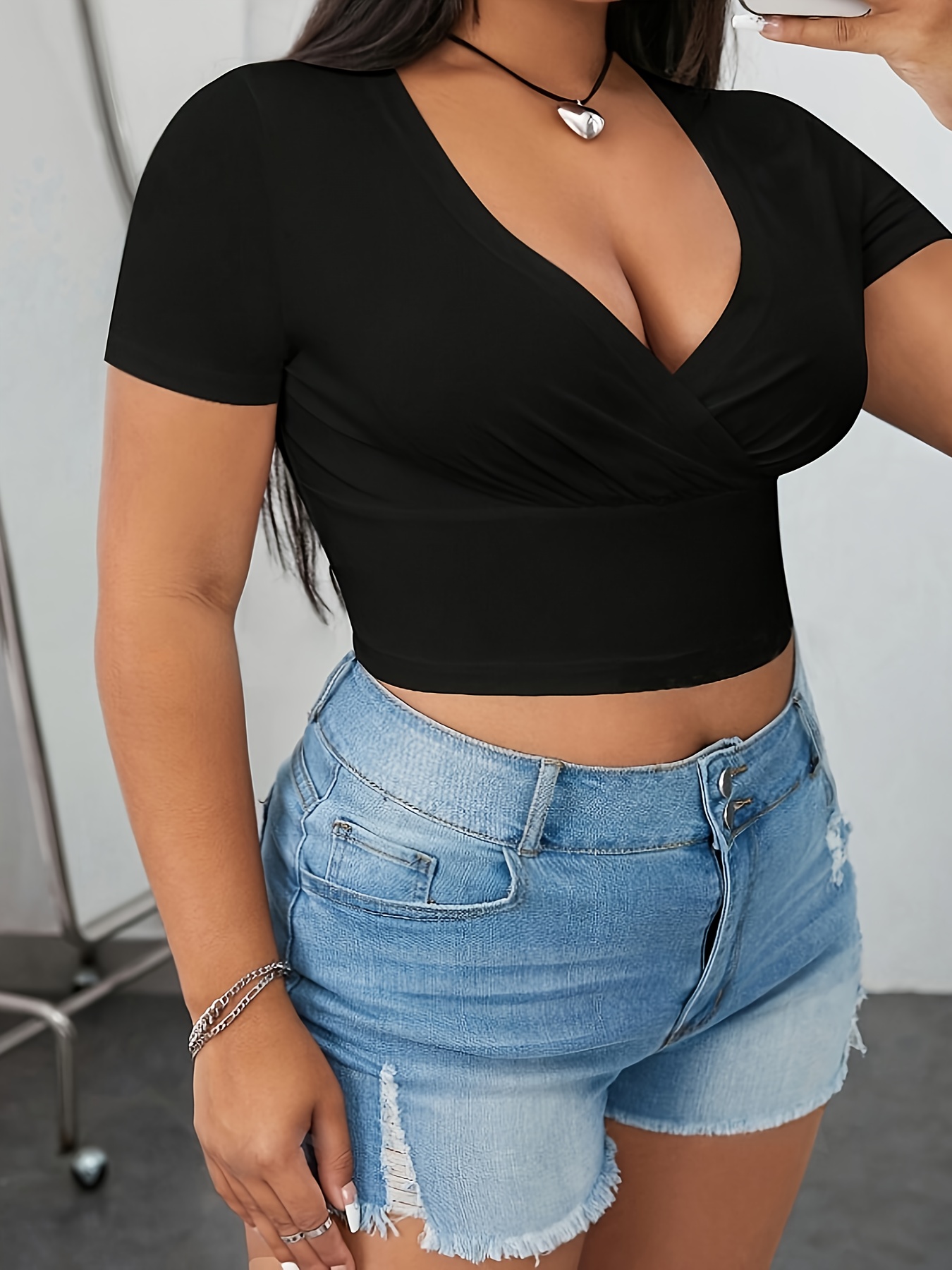 plus size womens elegant deep v neck short sleeve black t shirt ruched chest detail solid color machine washable   versatile top for casual formal wear ladies t shirts nontransparent fabric black 0
