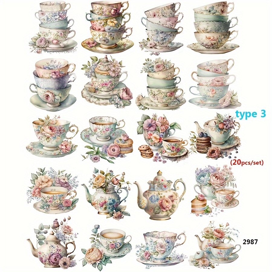 Image of 20, 12pcs Tea Series Stickers For Hand Accounts Tea Women Background Photos Diy Teacup Scrapbooking Paper Pack Self-adhesive Stickers Sets For Diary Scrapbooking Supplies, 2d Flat