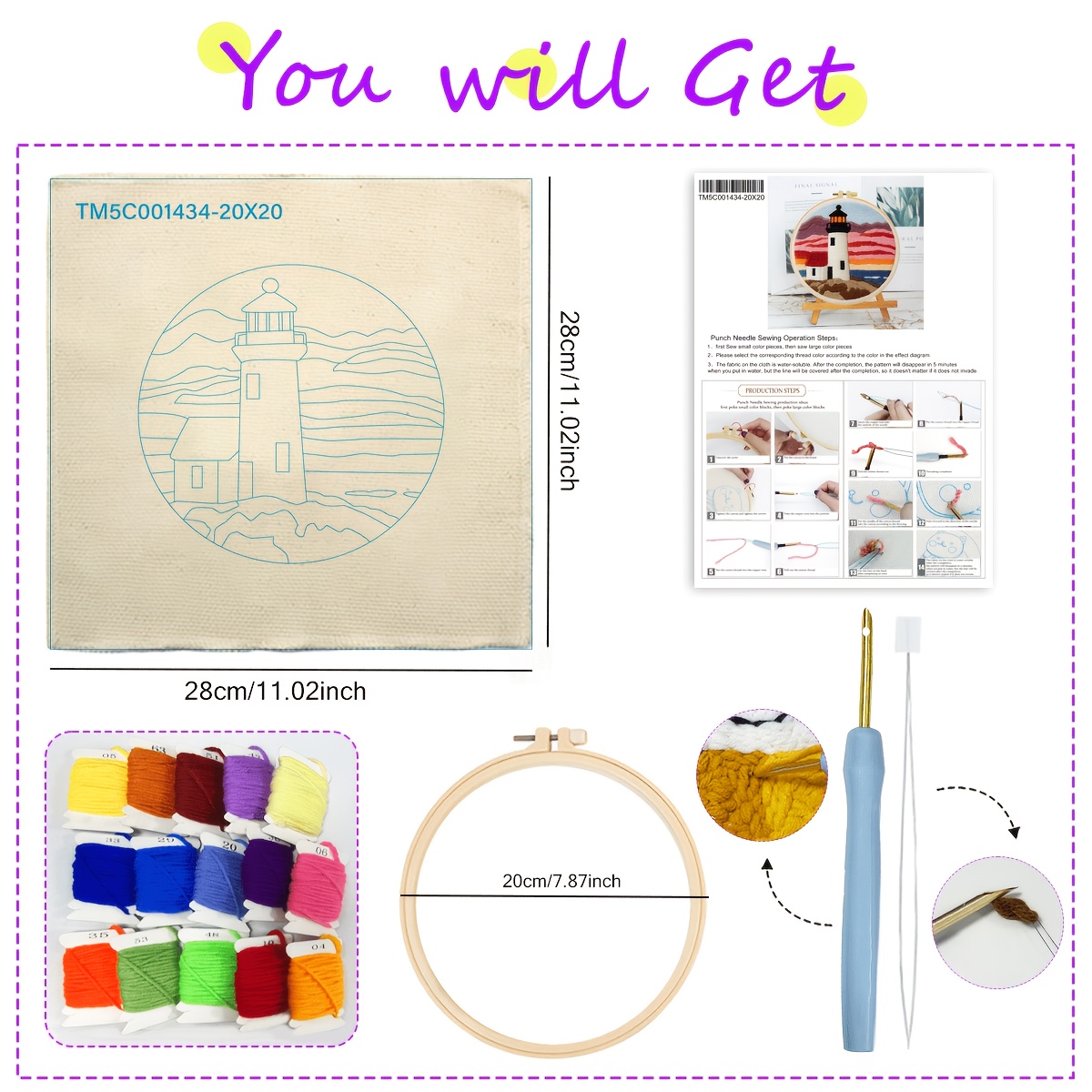 DIY Punch Needle Embroidery Kit with 20x20cm Design