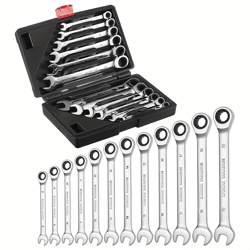 12pcs Ratchet Wrench Set, 8-19 Mm, Includes Ratchet Wrenches, Combination Wrenches, Open-end Wrenches, Industrial Hand Tools, With Carrying Case