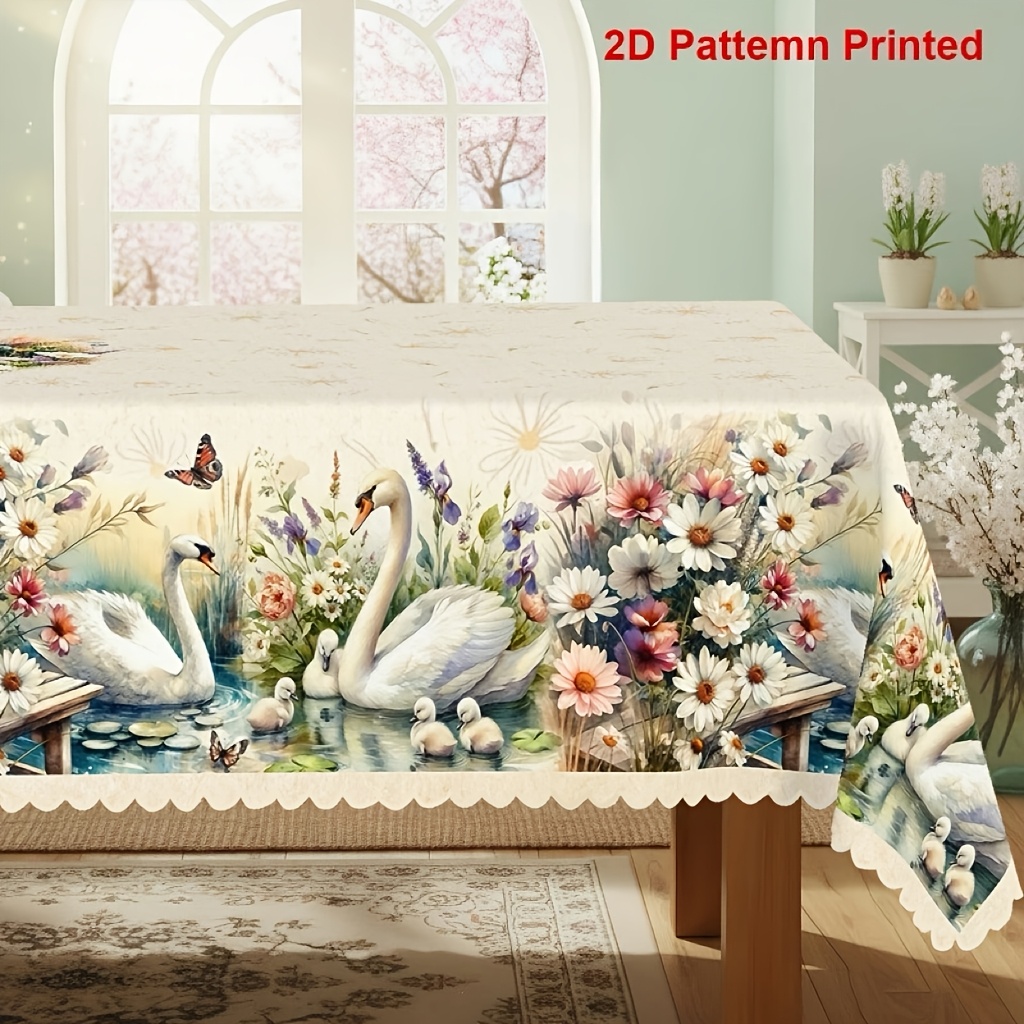 TEMU 1pc Swan Themed Party Tablecloth, Decorated With Spring And Summer Retro Daisy Floral Print Pattern, Suitable For Gatherings, Kitchen Dining,