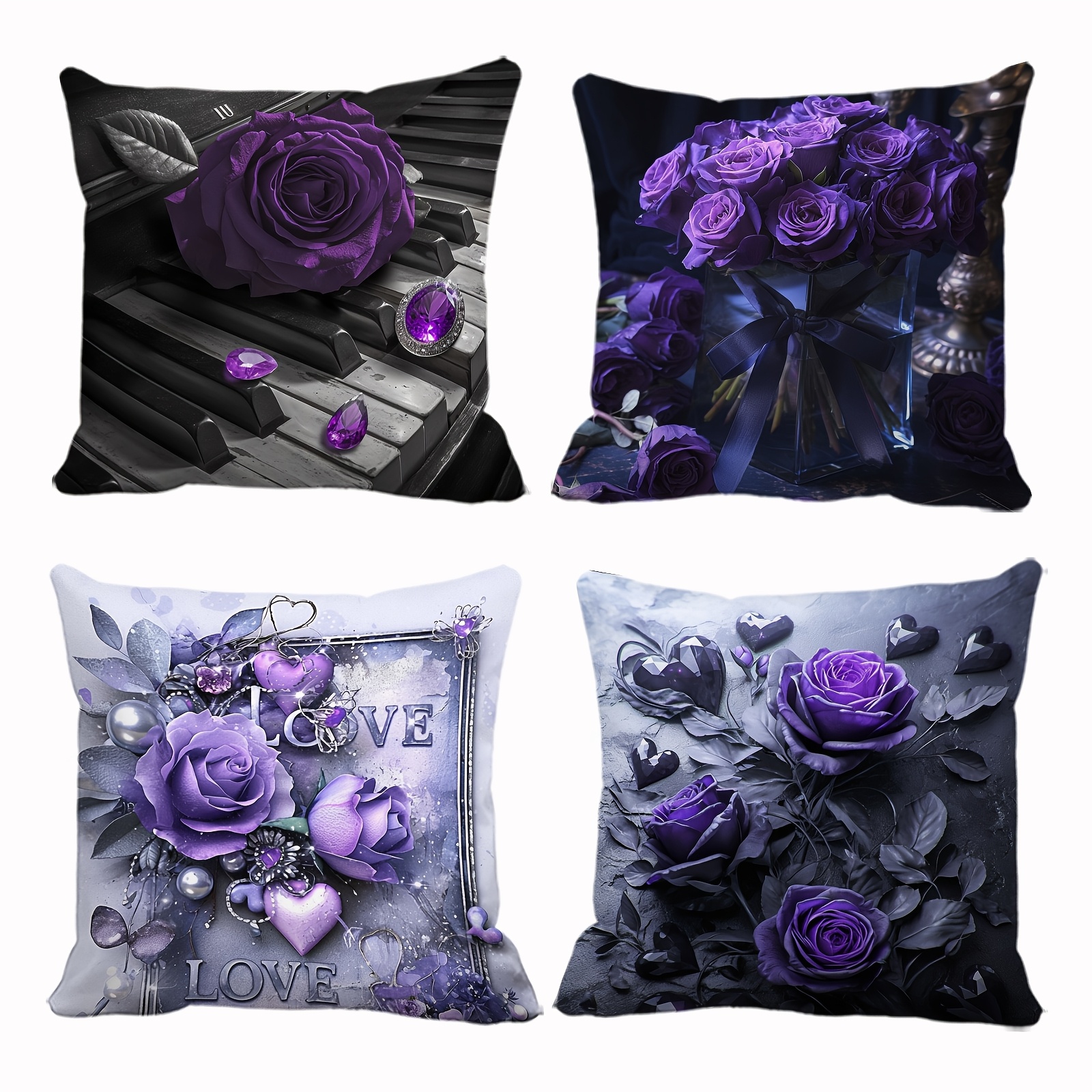 

4pcs Set Of Vibrant Purple Pillowcase Covers Suitable For Daily Valentine's Day Decoration, Festival Party, , Bedroom, Living Room, Car, Sofa Decoration, No Pillow