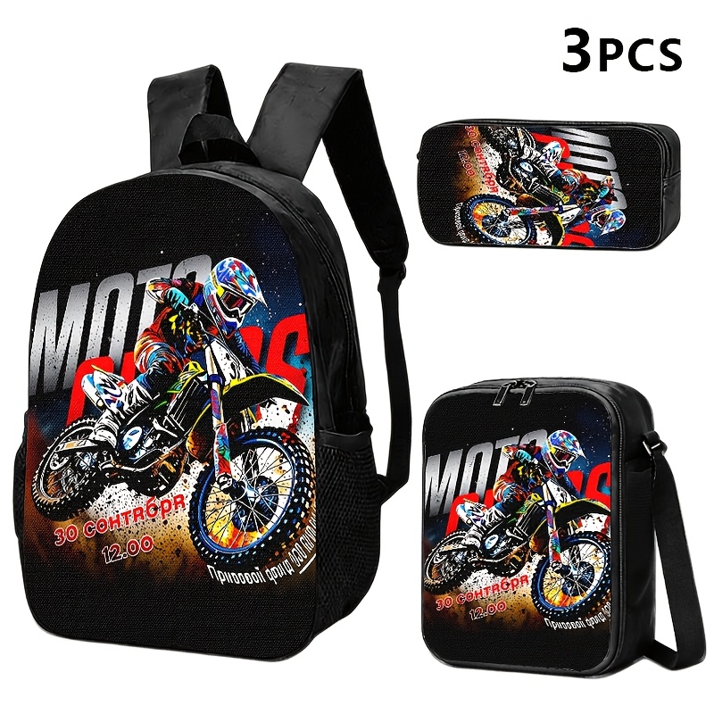 TEMU 1pc/2pcs/3pcs Aiky Motocross Themed Backpack, Crossbody Bag & Pouch With Motorbike Rider Graphics - Sporty Suitable For Urban Commuting, Outdoor