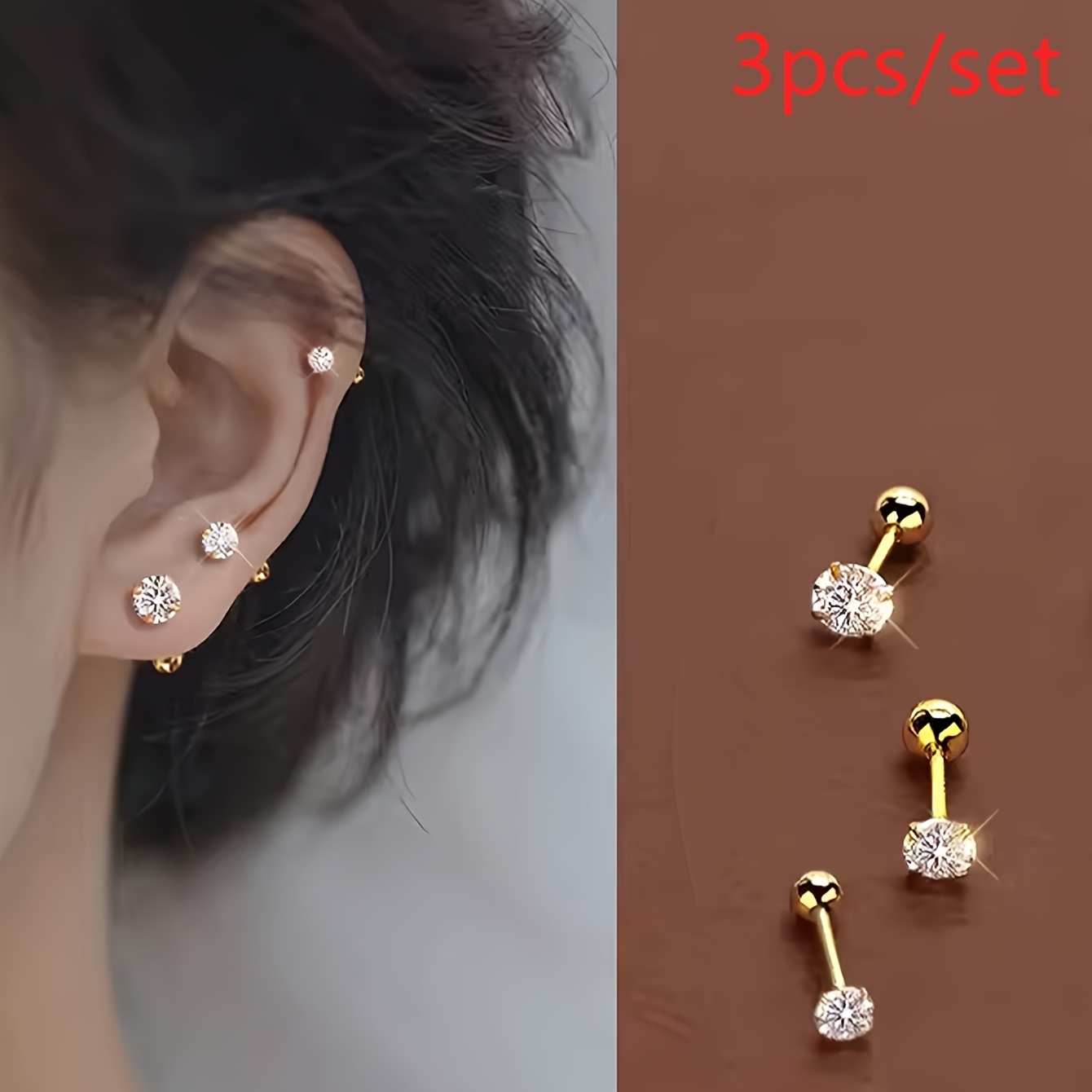 

3-piece Set Elegant & Simple Style Plated Stainless Steel Zircon Cartilage Stud Earrings For Women Daily Wear