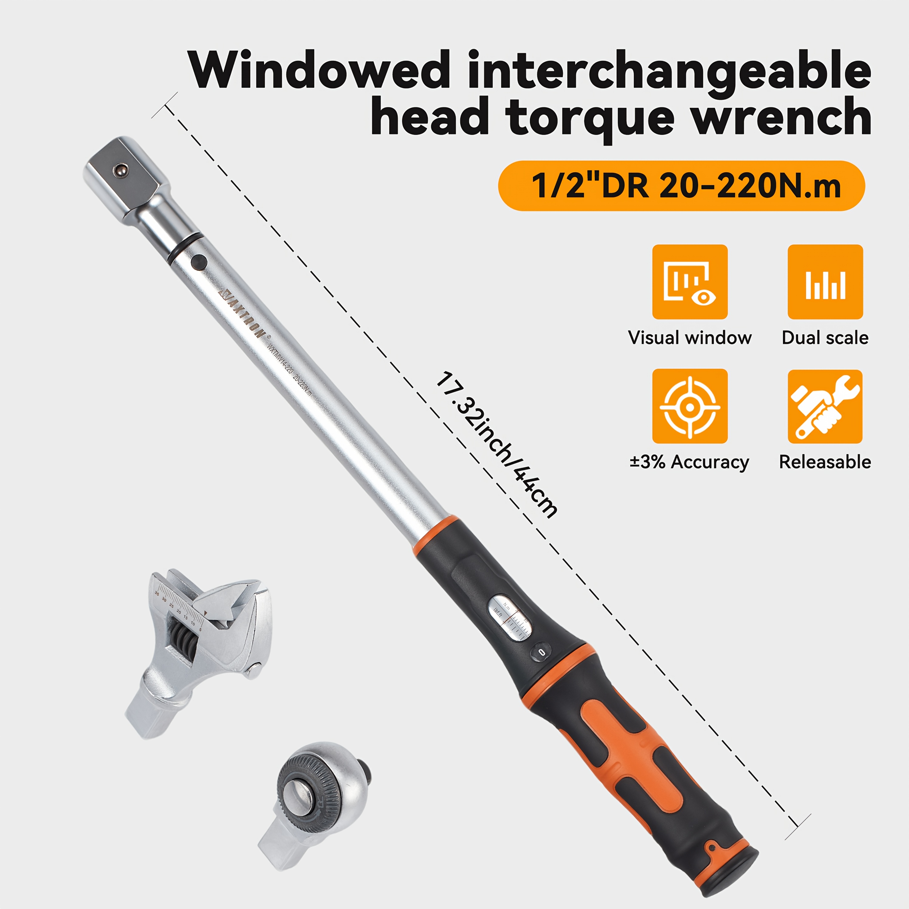 Insert Head Torque Wrench 20-220n.m, Open-end Torque Wrench Interchangeable Head Torque Wrench Adjustable Hand Spanner Hand Tools