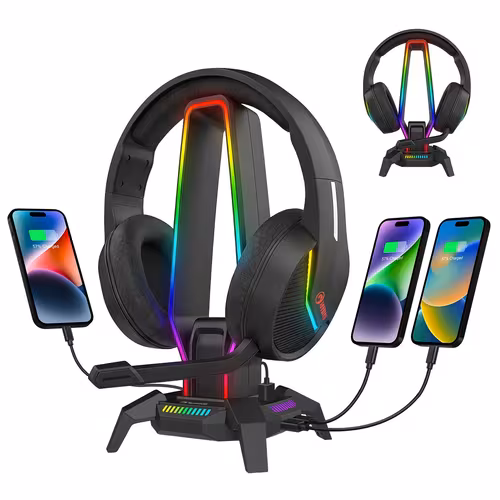 rgb headset stand 1 usb c 2 usb ports 3 5mm audio jack multi functional gaming headset desk organizer 10 rgb lighting effects non slip rubber base compatible with headset accessories