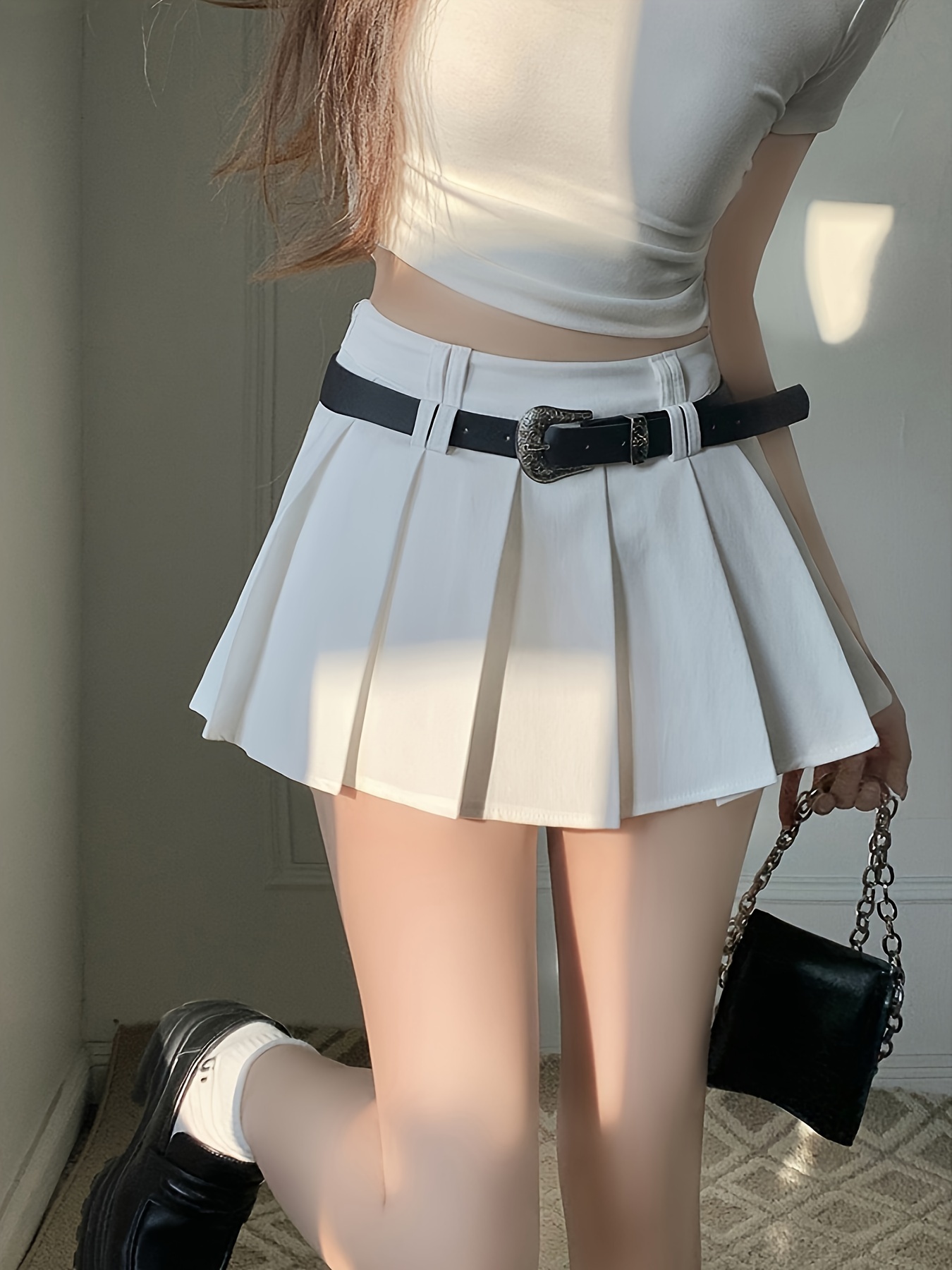 Spice Style A-Line Skirt Pleated Skirt Skirt Women'S Belt New High Waist Thin Anti-Light Versatile Skirt