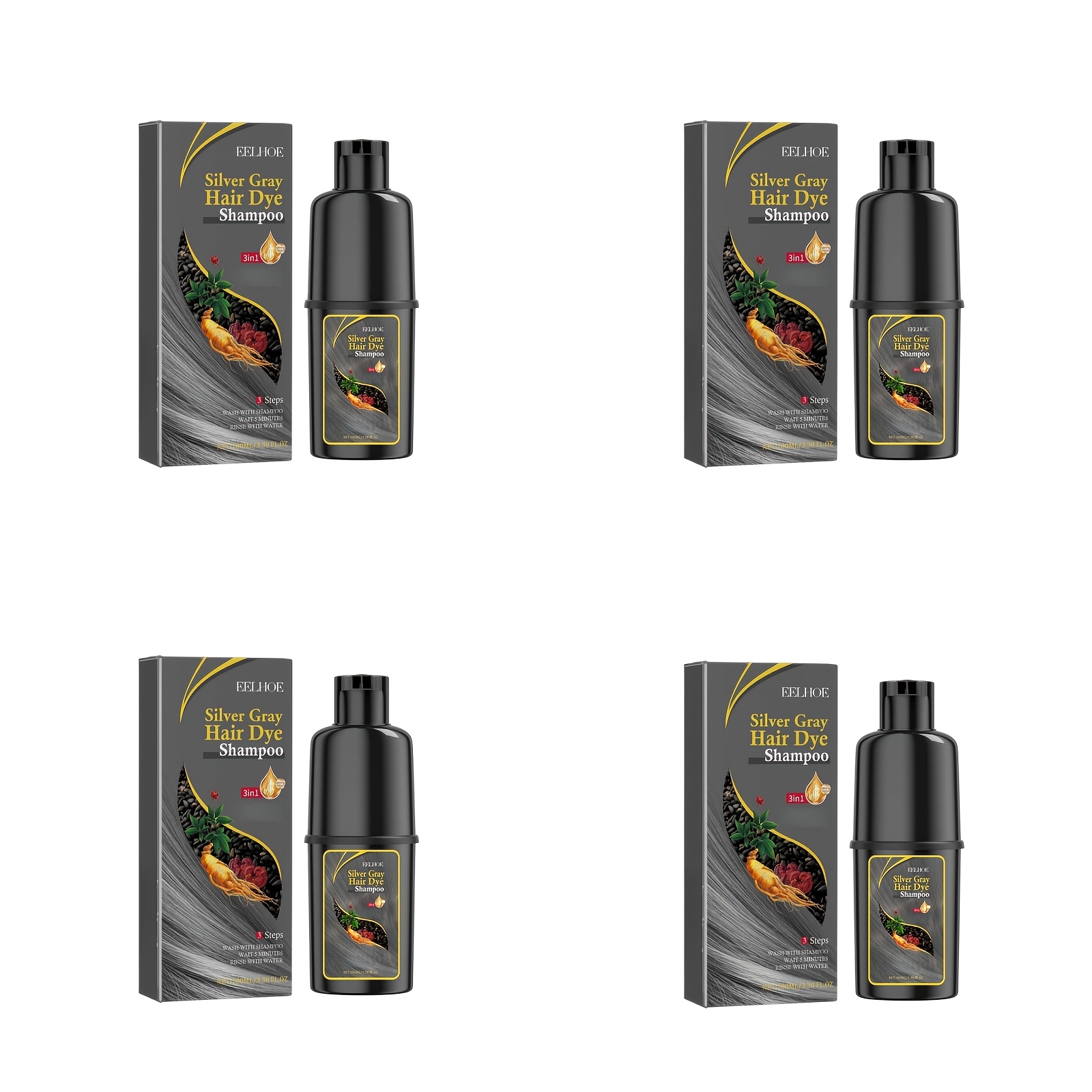 Image of 4pcs 400ml Silvery-gray Hair Dye Shampoo, Moisturizing And Hydrating, -level Hair Dyeing At Home, , Long-lasting Hair Coloring, Care And Dyeing Gift