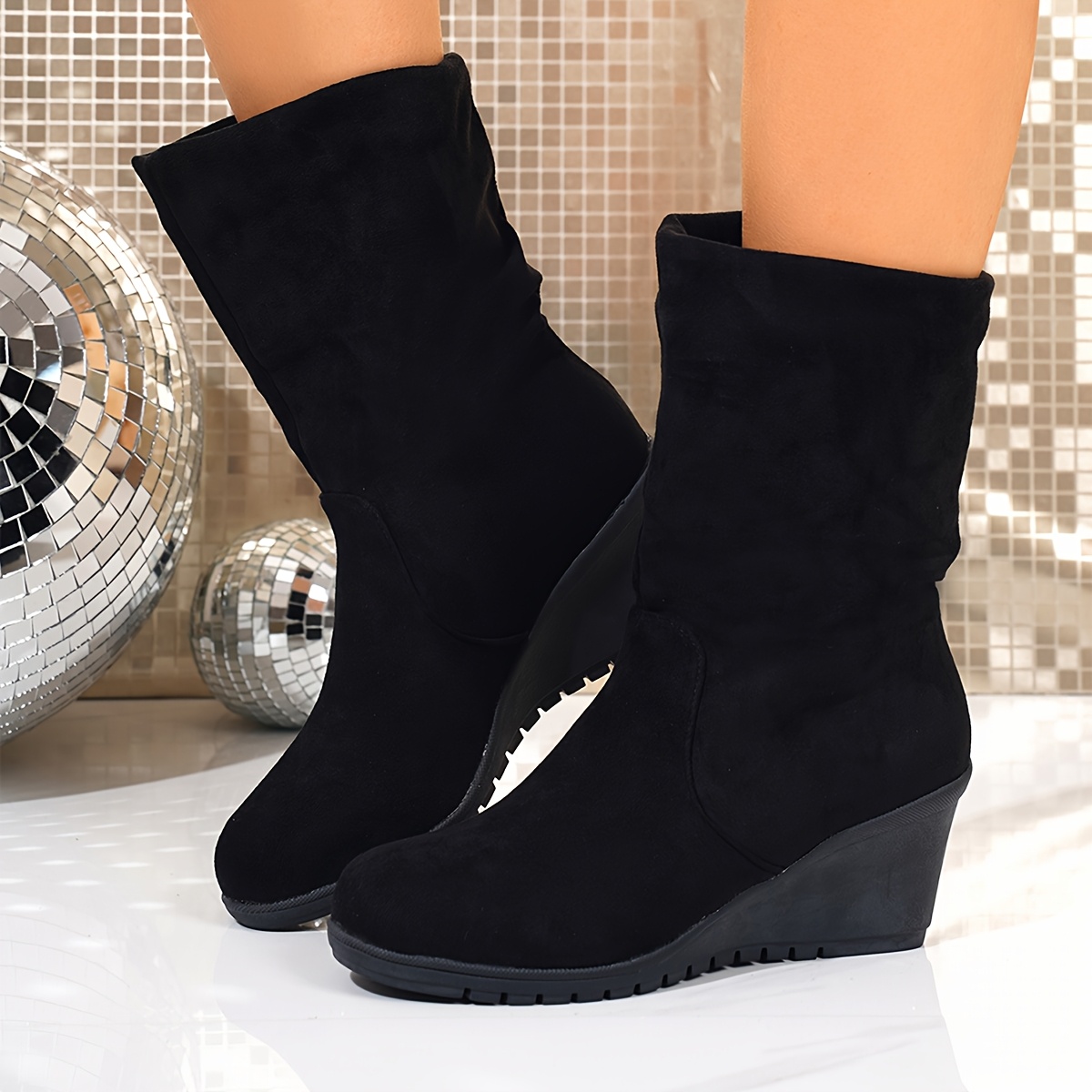TEMU Pile Velvet Wedge Mid-calf Boots, Round Toe Comfortable Daily And Outdoor Wear, Women Shoes