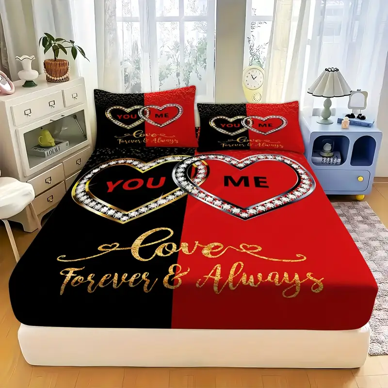 3pcs creative high definition couple heart diamond theme pattern printed bed hat set super soft comfortable and breathable bed hat bedding mattress protective cover 2 pillowcases polyester material the polyester material fabric Product details 5