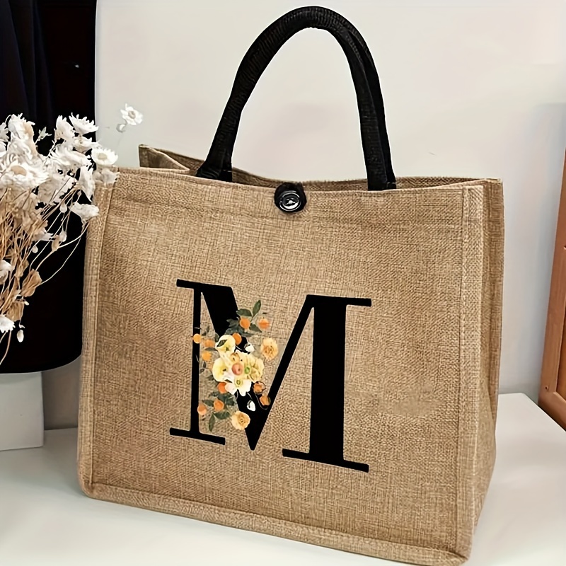 

Simple Letter & Flower Themed Pattern Burlap Tote Bag With Matching Makeup Pouch, Lightweight Shopping Bag Set