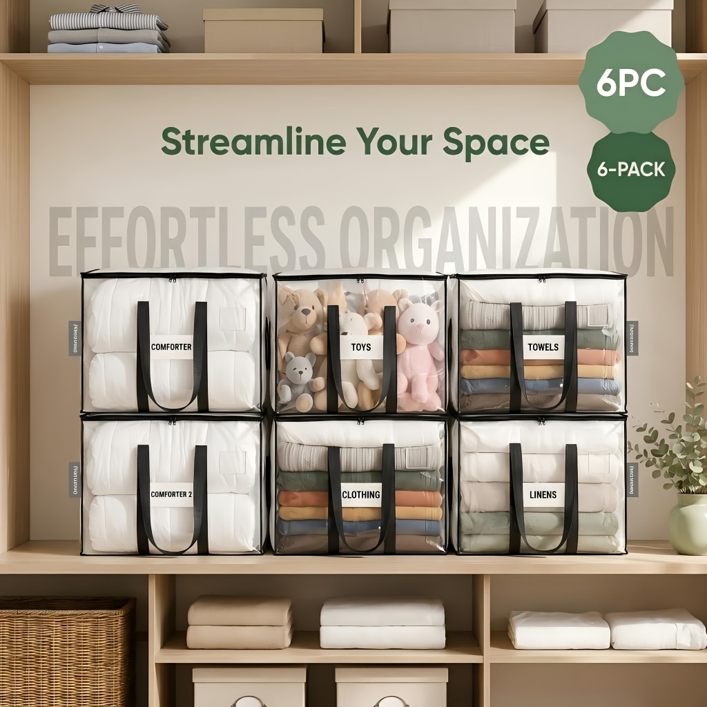 Image of 6pcs Set Of Transparent Storage Bags With Zippers, Transparent Organizer Bins With Sturdy Handles, Suitable For Closet Organization And Moving, Under-bed Storage