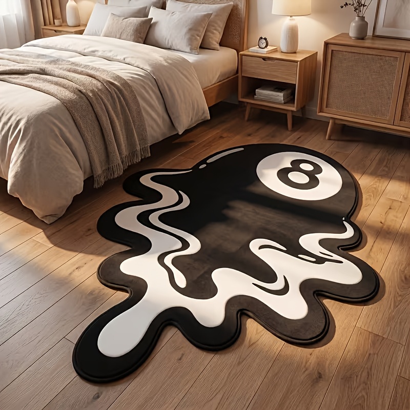 TEMU 1pc 850g/㎡ Creative Melted Black 8 Billiard Irregularly Shaped Rug, Style Decorative Floor Mat For Bedroom And Living Room, Irregular Carpet.
