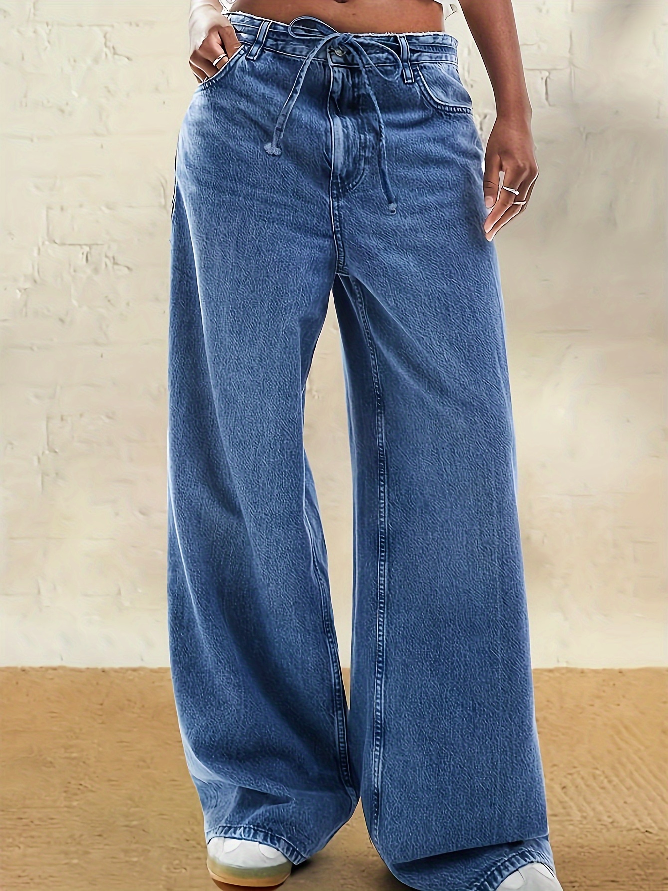 plus size wide leg denim jeans drawstring - Temu Canada