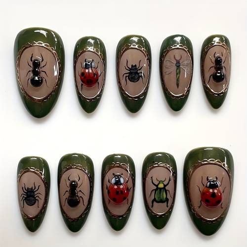 10pcs medium almond press on nails reusable full cover false nails with 3d red ladybug spider glossy easy application long lasting wear for women s parties everyday fun nail art decorations nails accessories party accessories durable press ons