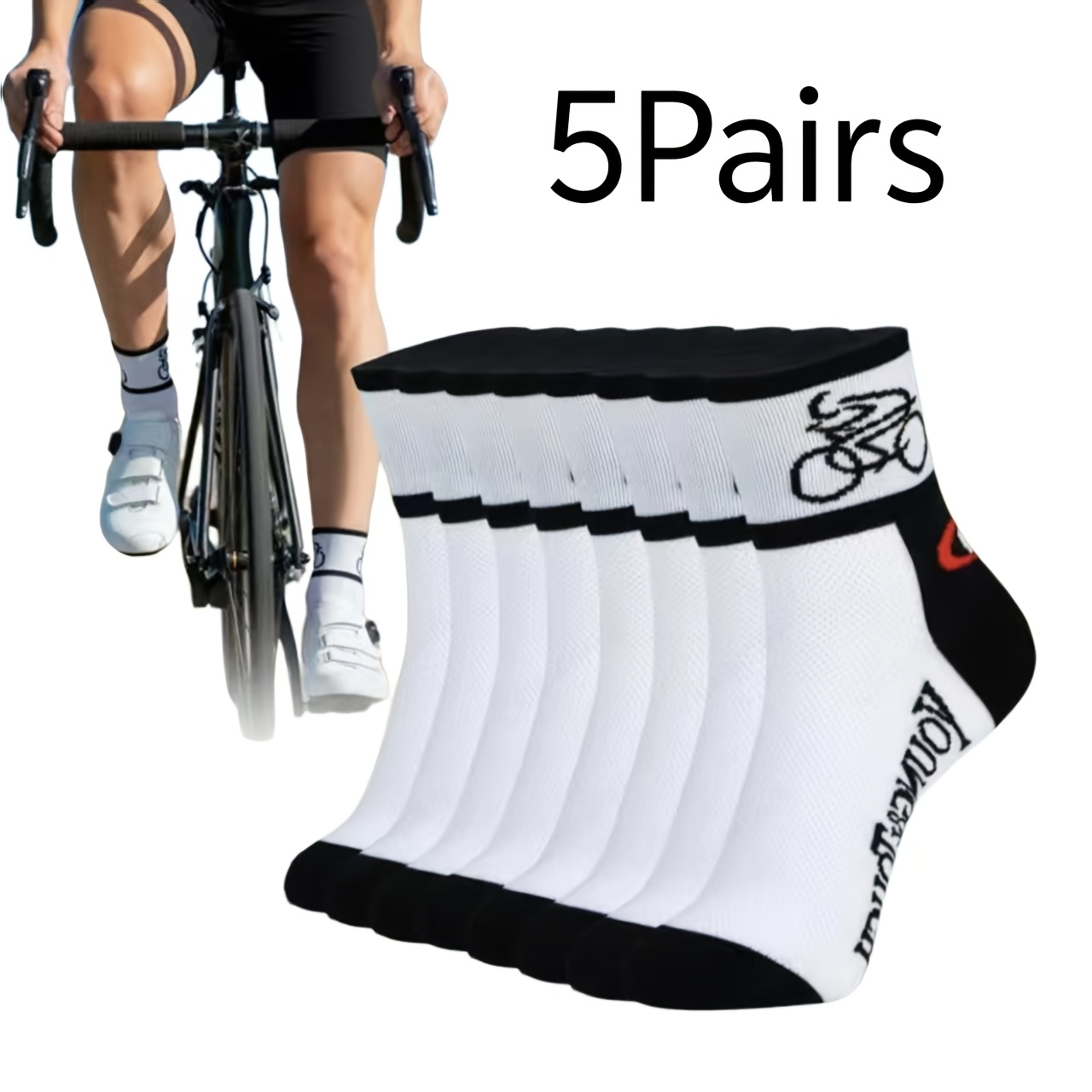 TEMU 5 Pairs And White English Letter Riding Mid-calf Socks Breathable Running Socks Cycling Sports Casual Socks