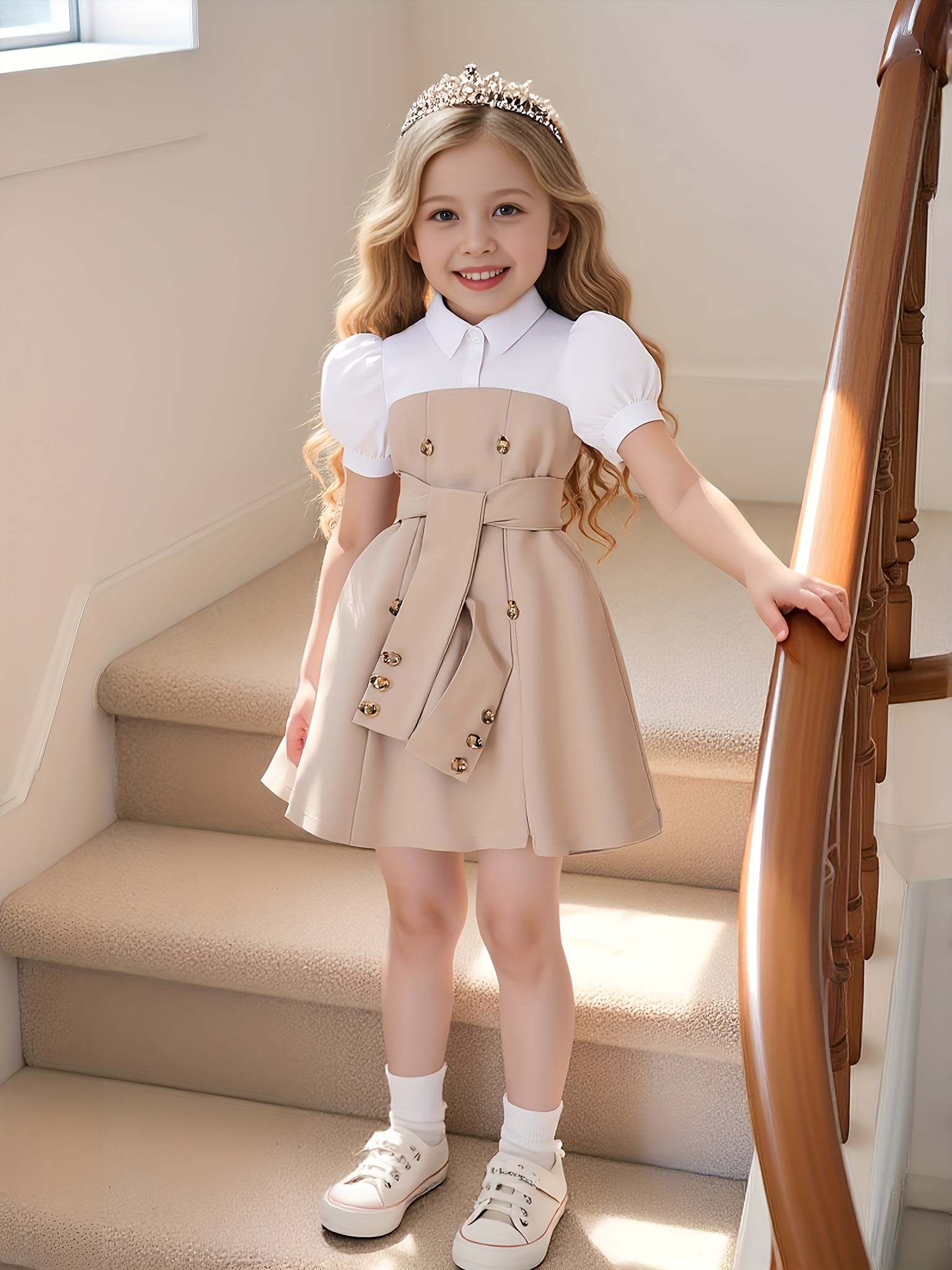 Elegante vestido para niñas en blanco y negro con bloques de color, que presenta mangas abullonadas y un frente abotonado, cintura ceñida y falda acampanada, adecuado para fiestas, bodas y salidas casuales a la playa. Diseño de cuello clásico con tela sin elasticidad.