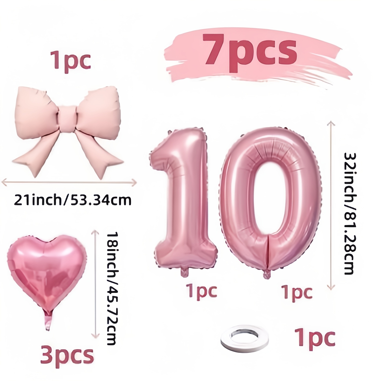 TEMU 7pcs: 1pc Bow Aluminum Foil Balloon, 3pcs Heart-shaped Aluminum Foil Balloons, Pink-themed Birthday Party Setup, Birthday Portrait Photography
