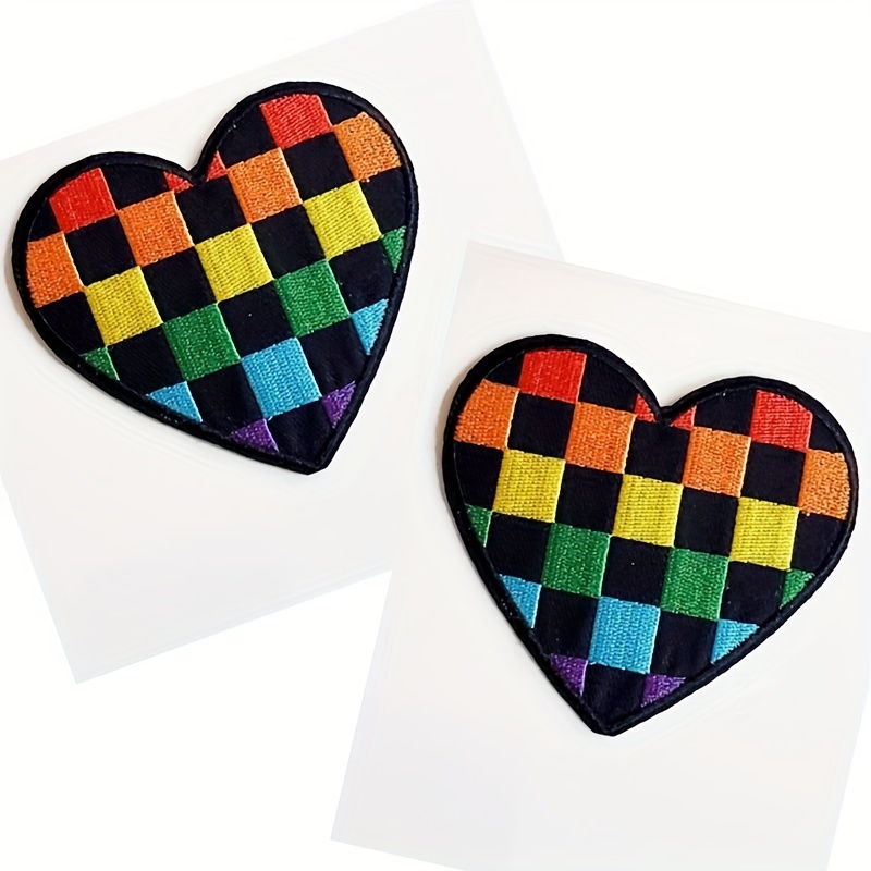 2-Piece Colorful Grid &amp; Rainbow Heart Iron-On/Sew-On Embroidered Patches - Versatile * For Diy Clothing And Accessories