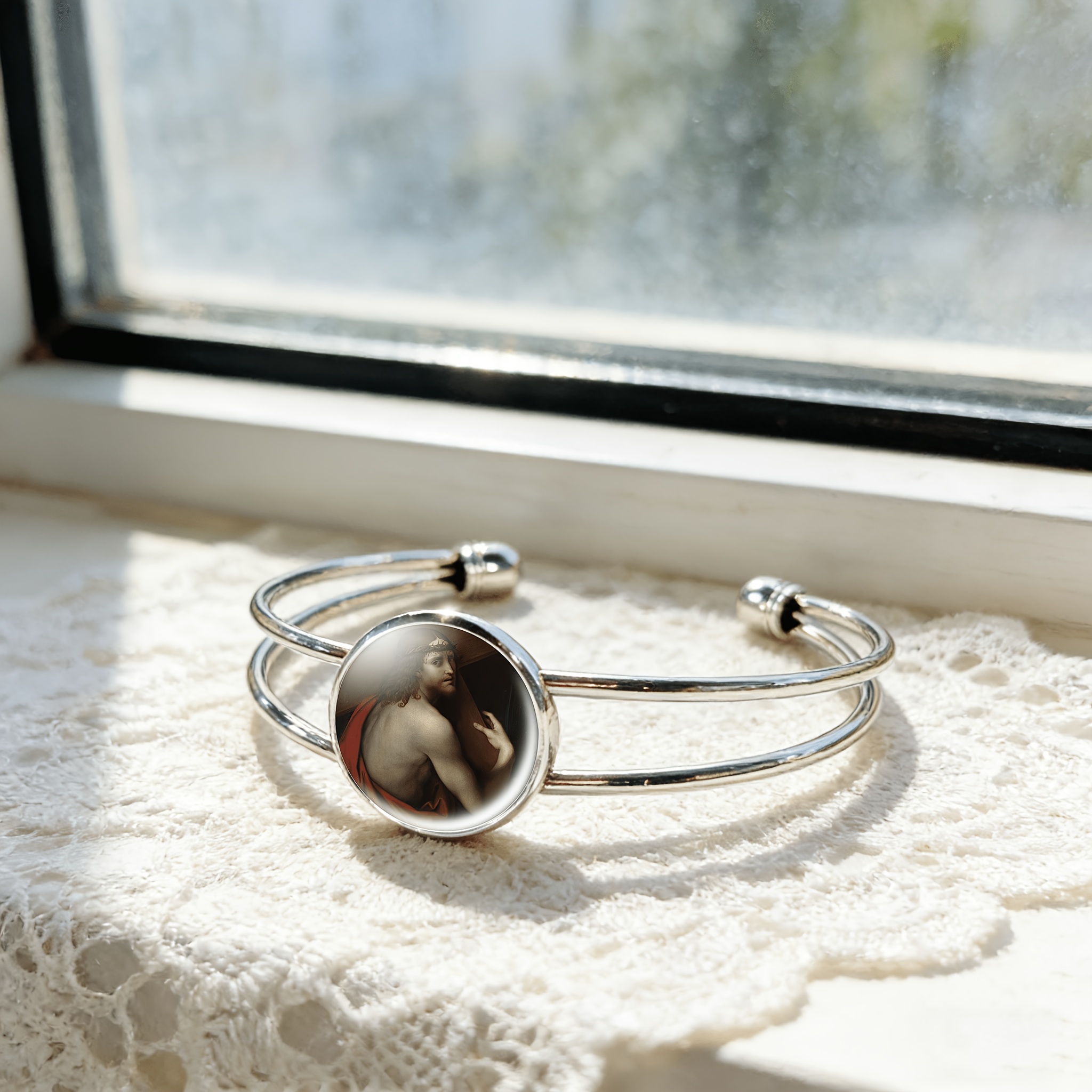 Adjustable Open Bangle with Gemstone Inlay, Classic Design