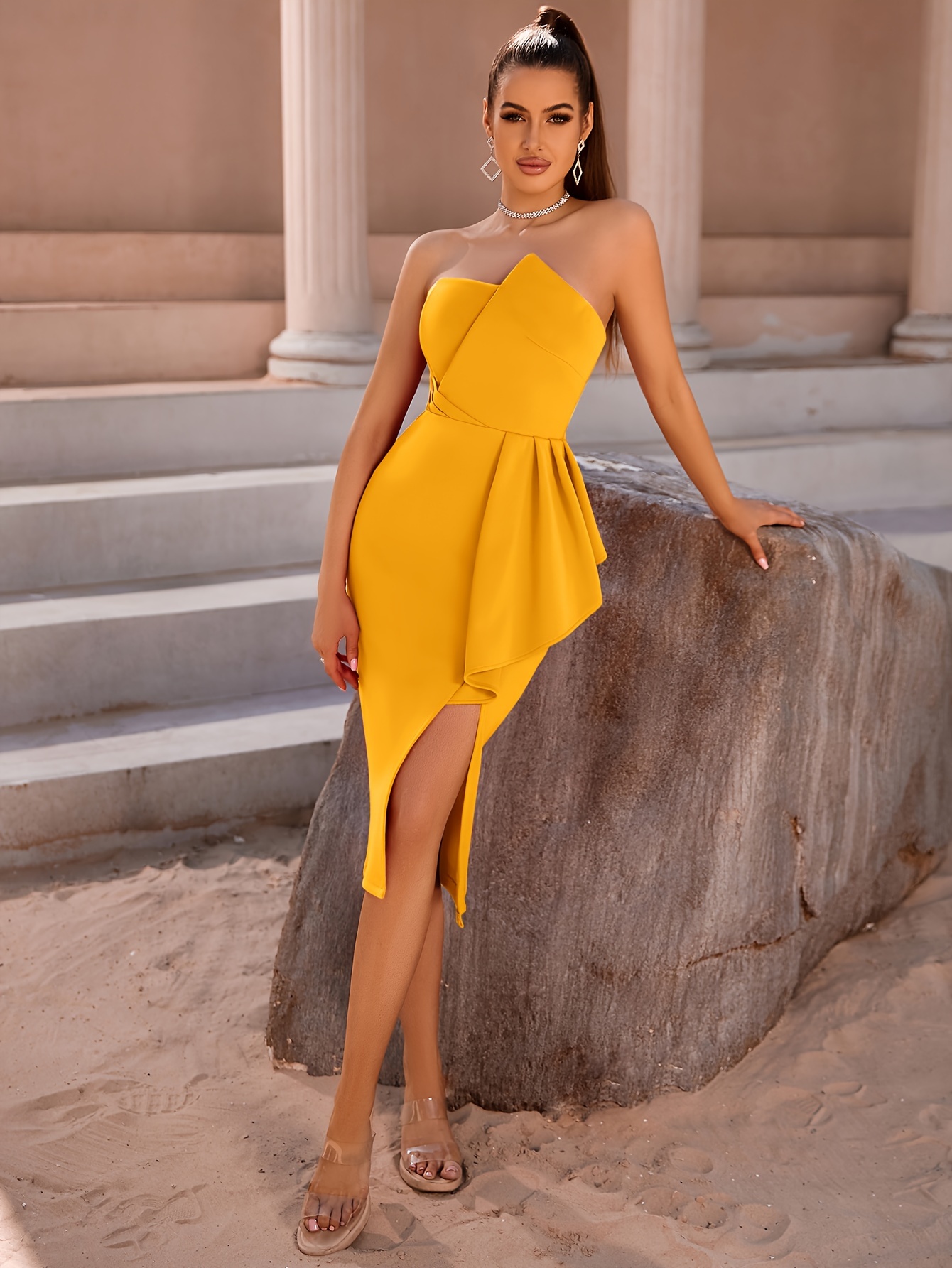 Dress Vestidos Amarillos Pegados Boohoo Vestido Amarillo Hombros