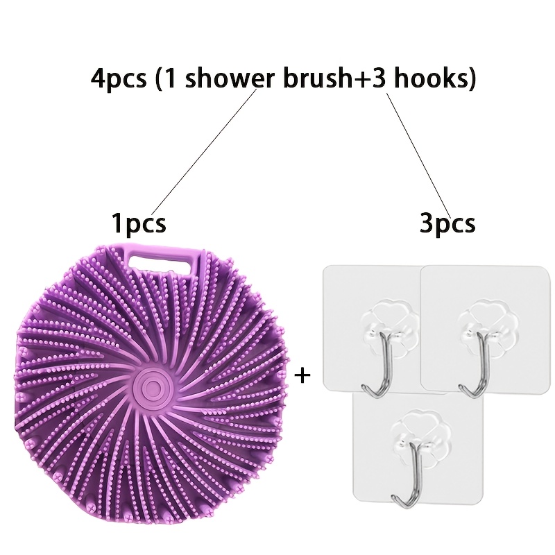 TEMU Lot de 4 pièces (1 brosse de douche + 3 crochets) Outil de massage exfoliant avec brosse pour cuir et cheveux, accessoire de bain texturé adapté