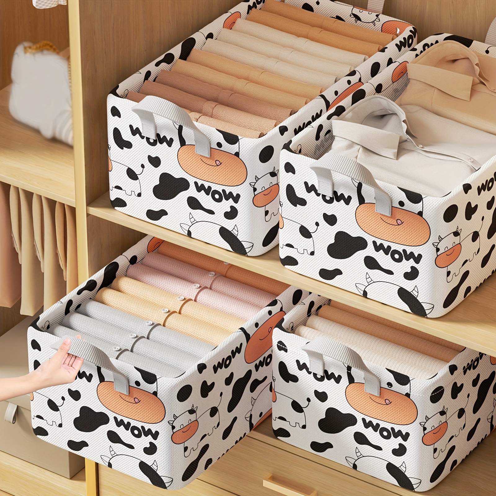 

1pc Storage Box, Large Capacity With Handle, With Cute Cow Pattern, Practical And Convenient, Perfect For Storing Toys, Books, Snacks And