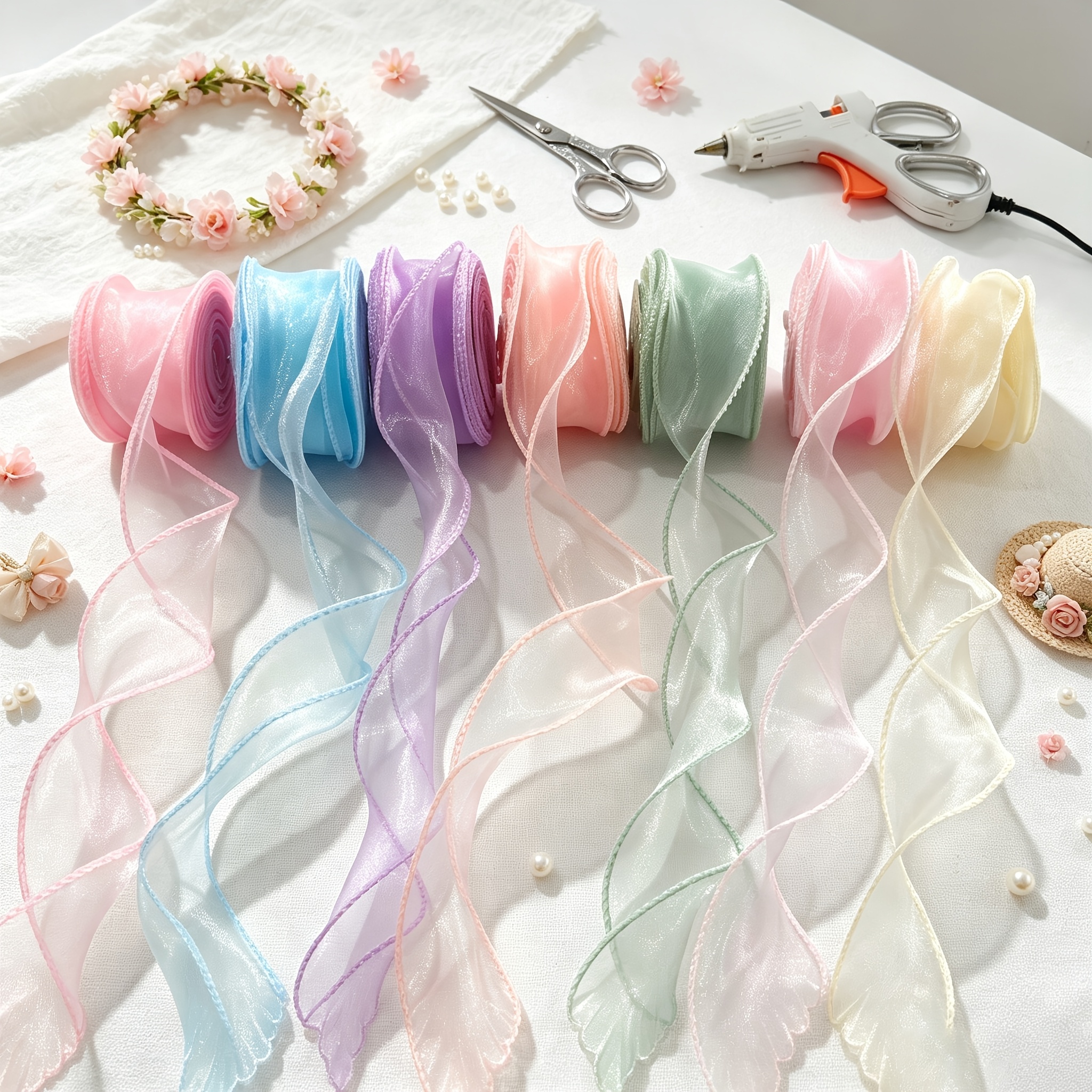 TEMU 7 Rolls 70 Yards Sheer Fish Tail Organza Ribbons, Soft Transparent Wavy Ribbon For Bow Craft, Headwear Making, Luxury Flower Bouquet, Cake