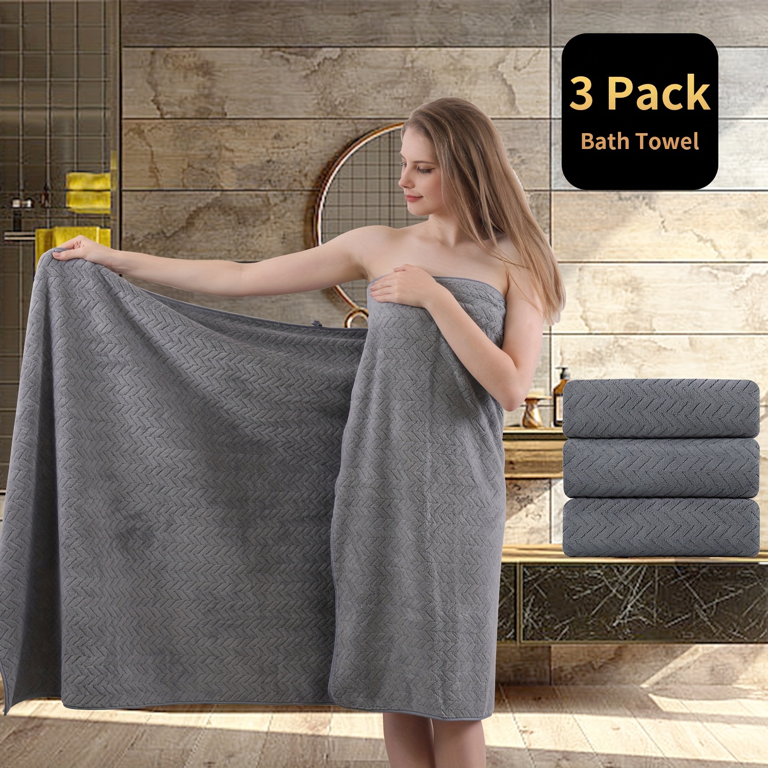 TEMU Set Of 3 Extra- Bath Towels, Measuring 35" X 70", Made From Absorbent Microfiber That Dries Quickly. Ideal For Use In Bathrooms, Spas, Hotels, Gyms, And For Pets, Wash Cloths