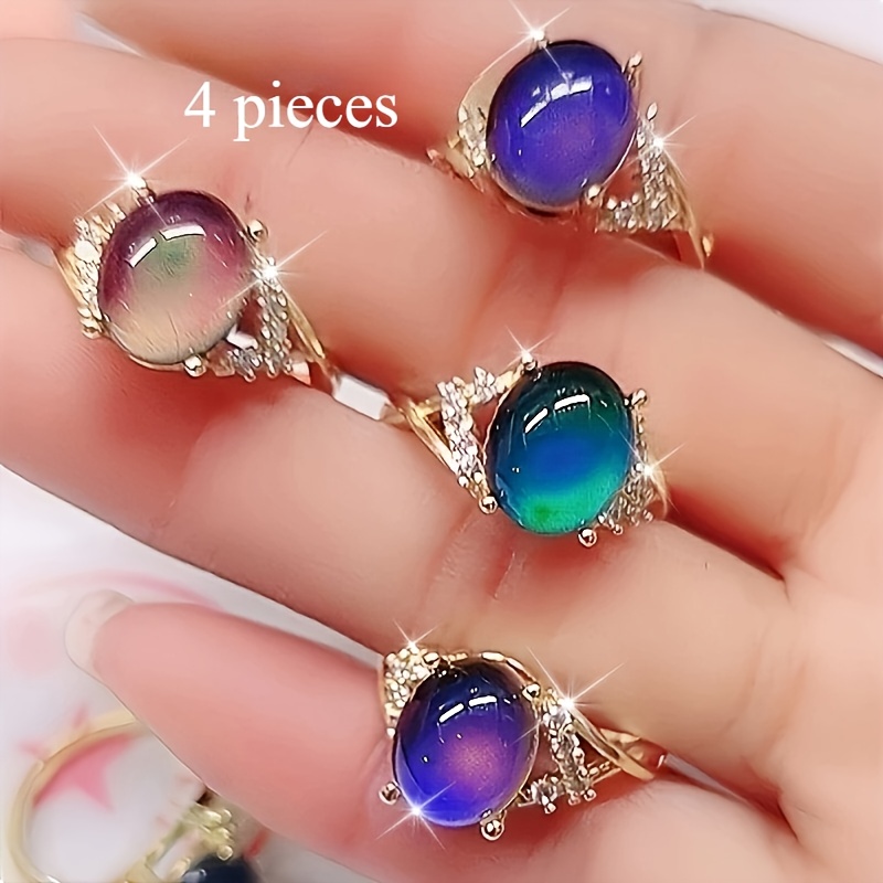 TEMU 4 Fashionable And With Color Changing Stones - Temperature Sensitive Jewelry Rings, Valentine's Day Gifts Very Suitable For Parties And