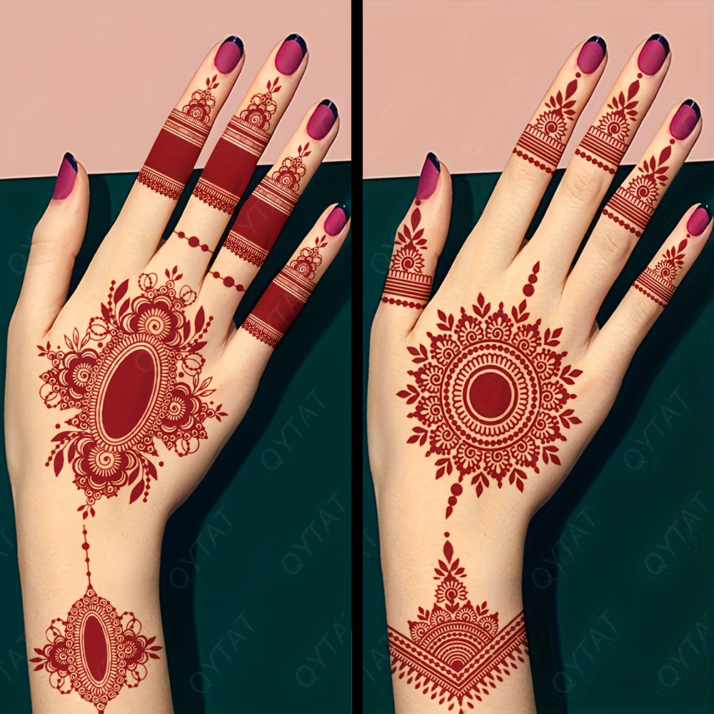 

Waterproof Mehndi Design Temporary Tattoo Stickers For Women Body Art Makeup Long Lasting Red Maroon Finger Hand Tattoo Stickers