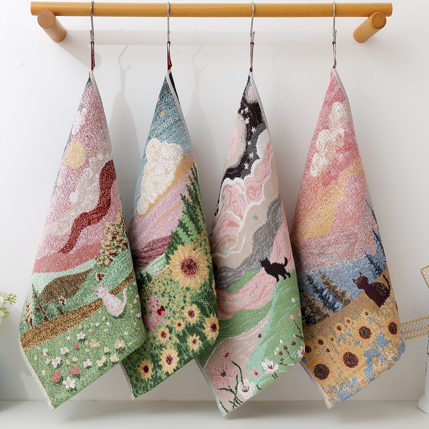 Image of 3/4pcs, Fresh Flower Plant Series Household Towels, Sweat Towels, Bathroom Foot Towels, Kitchen Dish Towels Suitable For Washing Face, Wiping Sweat, Bathing, Washing Cloth Soft Towels Guest Towels