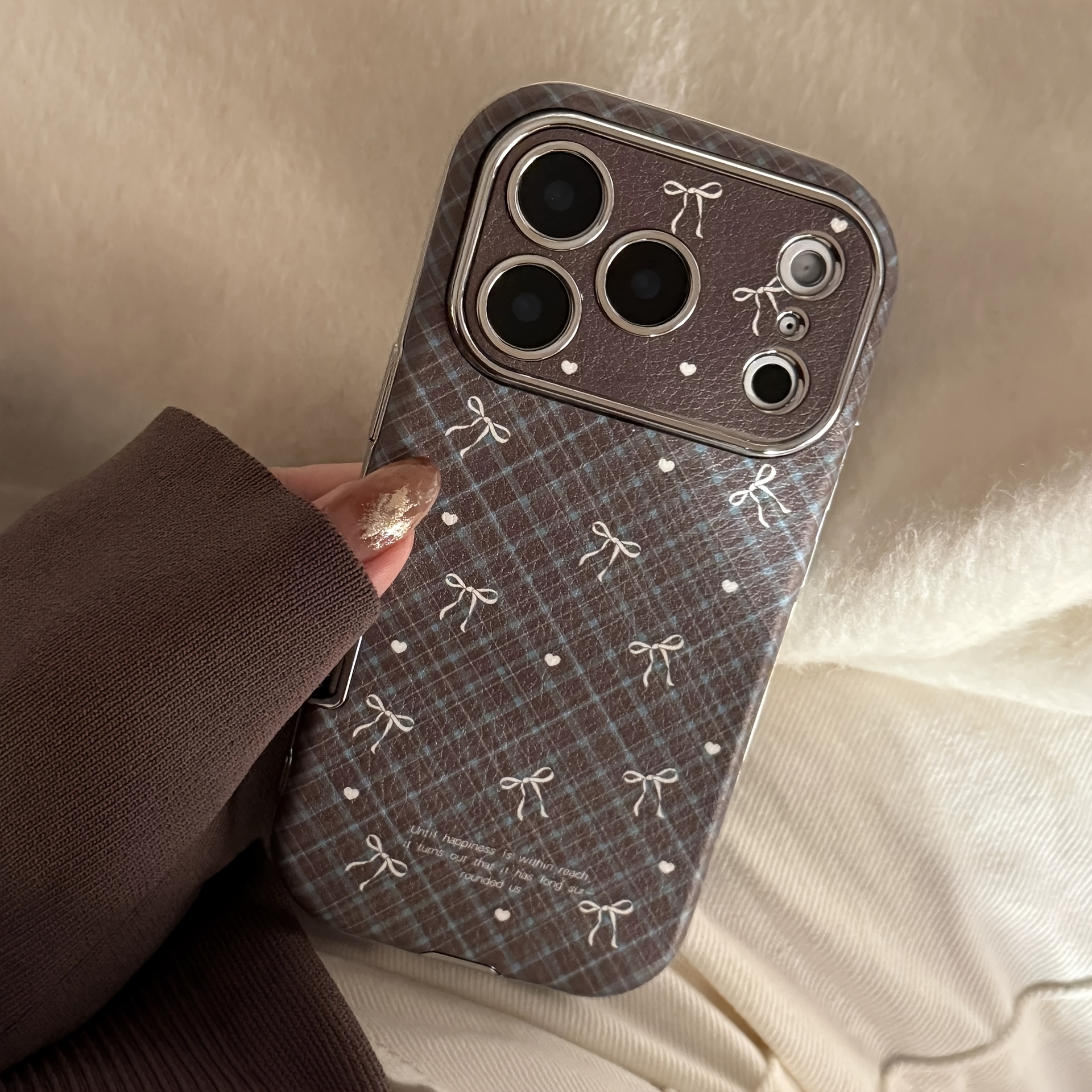 TEMU Phone Case - Fall Winter Plaid Bow Heart Pattern Large Window Phone Case For Iphone 18 Pro Max, Suitable For Iphone 18 Pro/17/16/11/13/ Plus/15