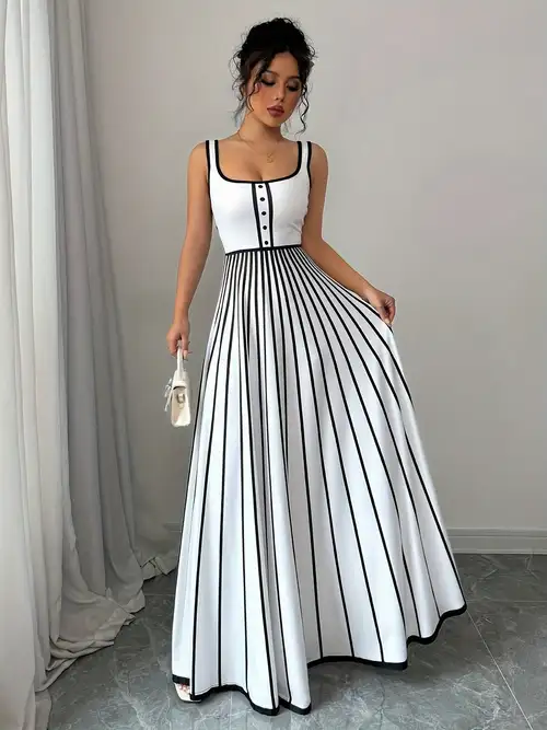women's plus size striped maxi dress - high waist, long sleeve, round neck with fringe detail, black & white vertical stripes, spring/summer, casual to formal wear, casual summer dress | striped maxi women's plus size striped maxi dress - high waist, long sleeve, round neck with fringe detail, black & white vertical stripes, spring/summer, casual to formal wear, casual summer dress | striped maxi