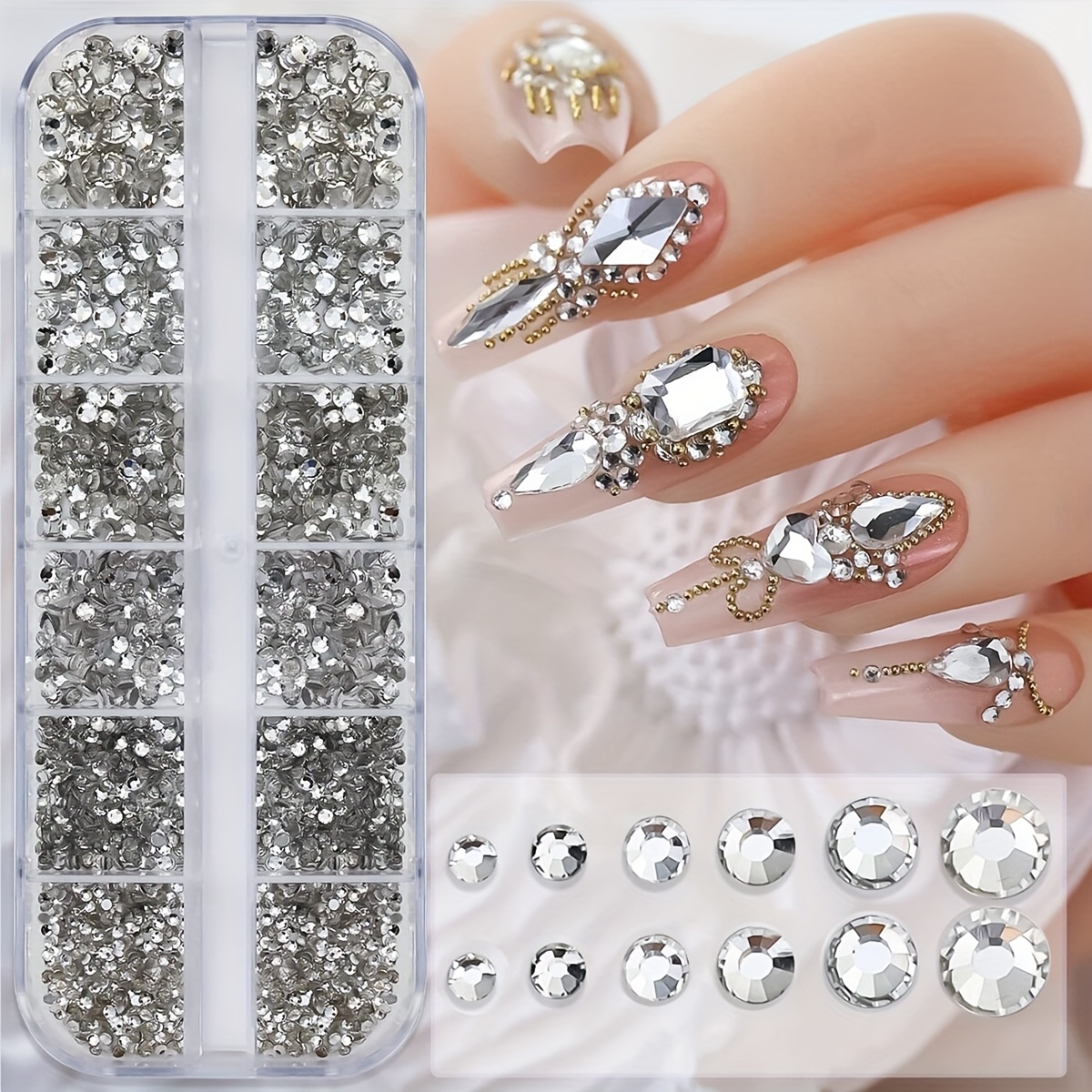 1840pcs/ European And Rhinestone Nail Art Decorations, Mixed Sizes Diy Flatback Gems, Transparent Ab Color Nail Rhinestone Set