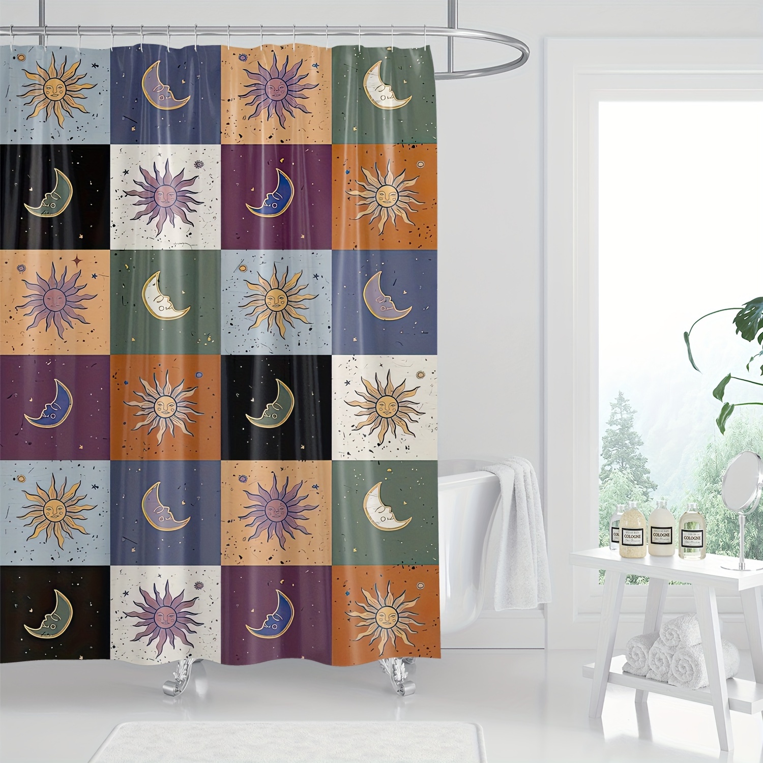 

1pc Vintage Sun Moon Patchwork Pattern Digital Print Shower Curtain, Colorful Celestial Design, Bathroom Decor, Machine Washable