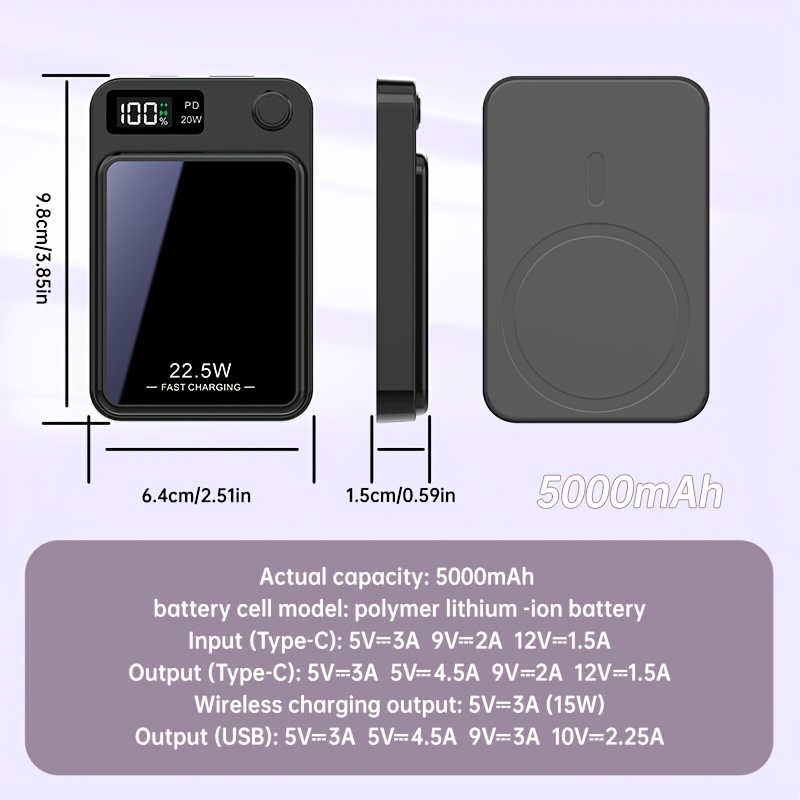 Power Bank Sans Fil Magnétique Genmifly 10000mAh 22.5W - Charge Rapide - Pour IPhone 12-16