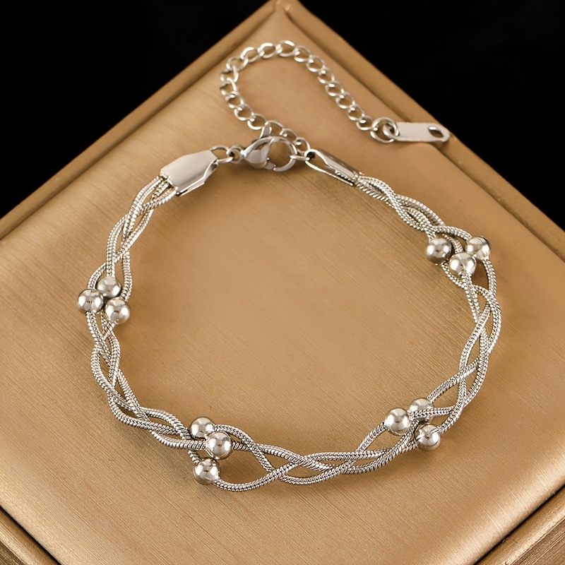 1pc Stainless Steel Beads Wound Chain Bracelet for Women Charm Metal 18K Gold Plated Trendy Wrist Chain Unique Design Jewelry