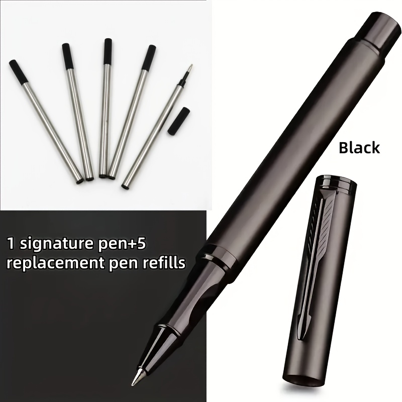 Image of 1pc Metal Frosted Neutral Pen+5pcs Gel Pen Replacement Pen Core Set, With Anti Slip Design, 0.5mm Pen Tip - Suitable For Men And Women, Suitable For , Gift , Etc