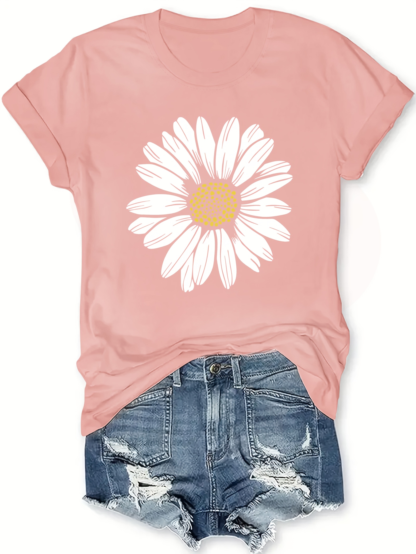 Women's Casual Daisy Flower Print T-Shirt - Vibrant Orange with White Floral Design, Round Neck, Medium Stretch, Machine Washable, Spring/Summer Essential, Spring Fashion Tee, Relaxed Fit Tee, Mediumstretch Fabric