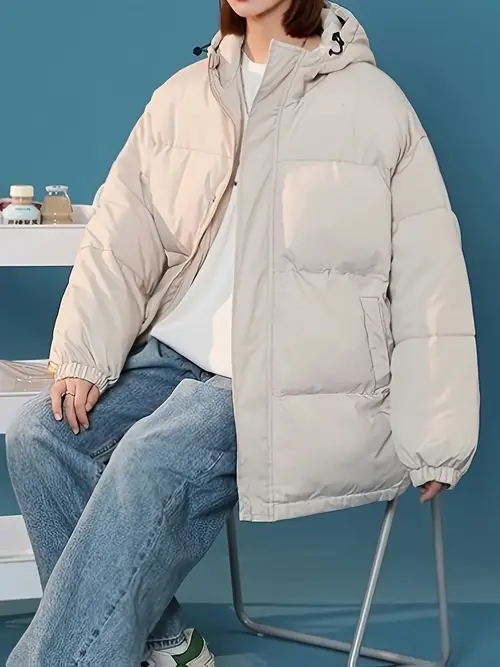 편안하고 스타일리시한 여성용 겨울 후드 퍼퍼 재킷 - 두꺼운, 루즈핏 지퍼 디테일, 방수 폴리에스테르