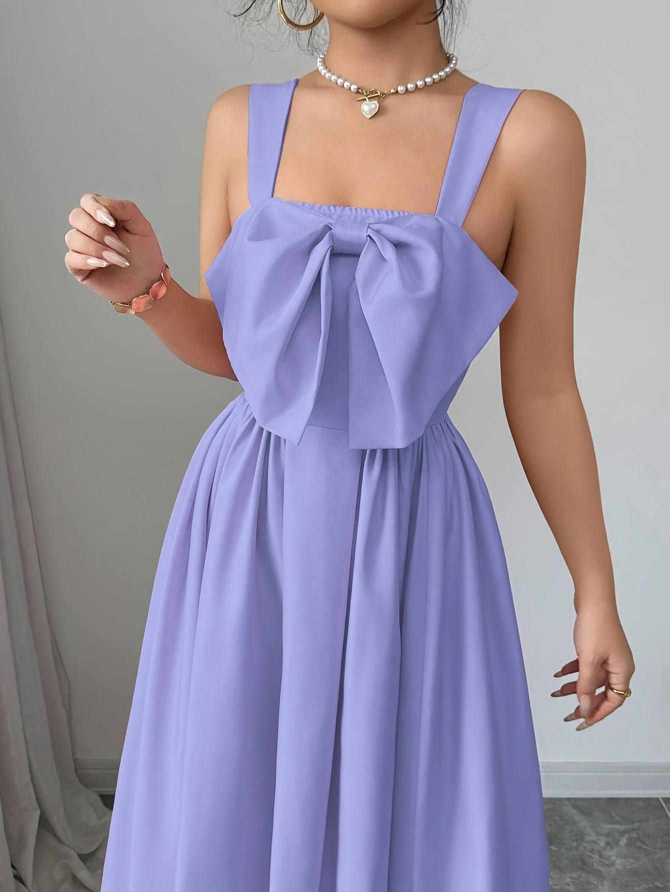 YY0306034 [2025 New]Lavender A-Line Dress with Square Neck And Bow Detail,  Midi Length, Light Purple, Waist-Defining, Elegant Style, Bow Accent, ...