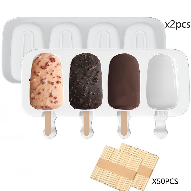 TEMU 2 Sets 4-cavity Oval Silicone Popsicle Molds With Additions, Food Grade Reusable Homemade Ice Cream And Ice Pop Molds, Summer , Making Tool For