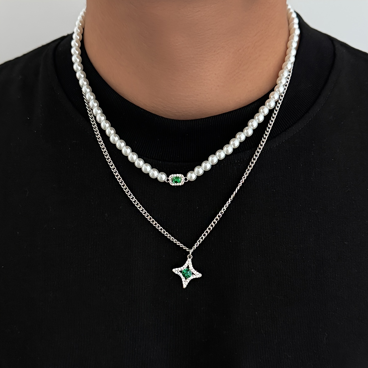 TEMU 2pcs Star Double-layer Necklace For Men, Trendy Sweater Chain With Delicate Niche Design, Hip-hop Style Unisex Collarbone Chain For Couples