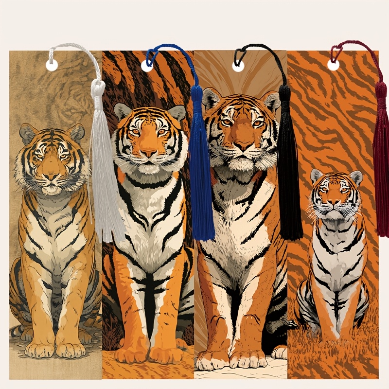 TEMU 4pcs Bulk Tiger-themed Tassel Bookmarks Suitable For Reading - Pu Leather Bookmark With Tiger & Tassels, Book Lovers Gift For Men, Women, School